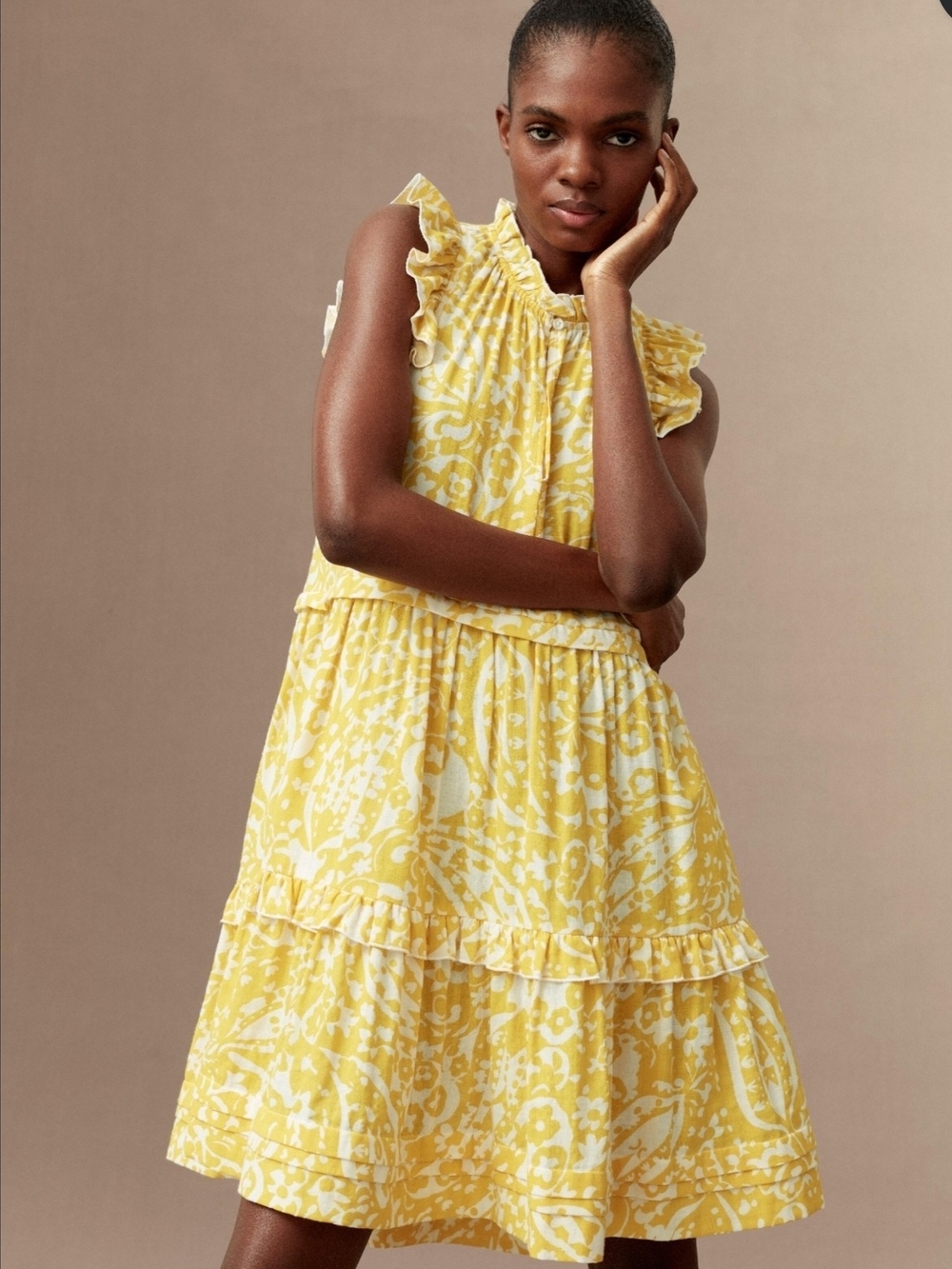 ME+EM Yellow & White Floral Print Ruffle Tiered Mini Dress Size US 2 / UK 6